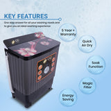 Cine Gold 8 Kg 5 Star Quick Air Dry Semi-Automatic Top Loading Washing Machine Grey Multicolor Flower Toughened Glass Top with Rat Away Feature