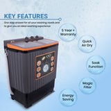 Cine Gold 7.2 Kg 5 Star Quick Air Dry Semi-Automatic Top Loading Washing Machine Black & Orange Toughened Glass Top with Rat Away Feature