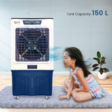 Cine Gold Typhoon 150 LTR Heavy Duty Desert Air Cooler For Home/Office With Honeycomb Cooling & Auto Swing Technology, Powerful Air Throw & 3-Speed Control With Ice Toughened Glass Top Chamber White & Navy Blue