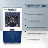 Cine Gold Typhoon 150 LTR Heavy Duty Desert Air Cooler For Home/Office With Honeycomb Cooling & Auto Swing Technology, Powerful Air Throw & 3-Speed Control With Ice Toughened Glass Top Chamber White & Navy Blue