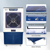Cine Gold Typhoon 150 LTR Heavy Duty Desert Air Cooler For Home/Office With Honeycomb Cooling & Auto Swing Technology, Powerful Air Throw & 3-Speed Control With Ice Toughened Glass Top Chamber White & Navy Blue
