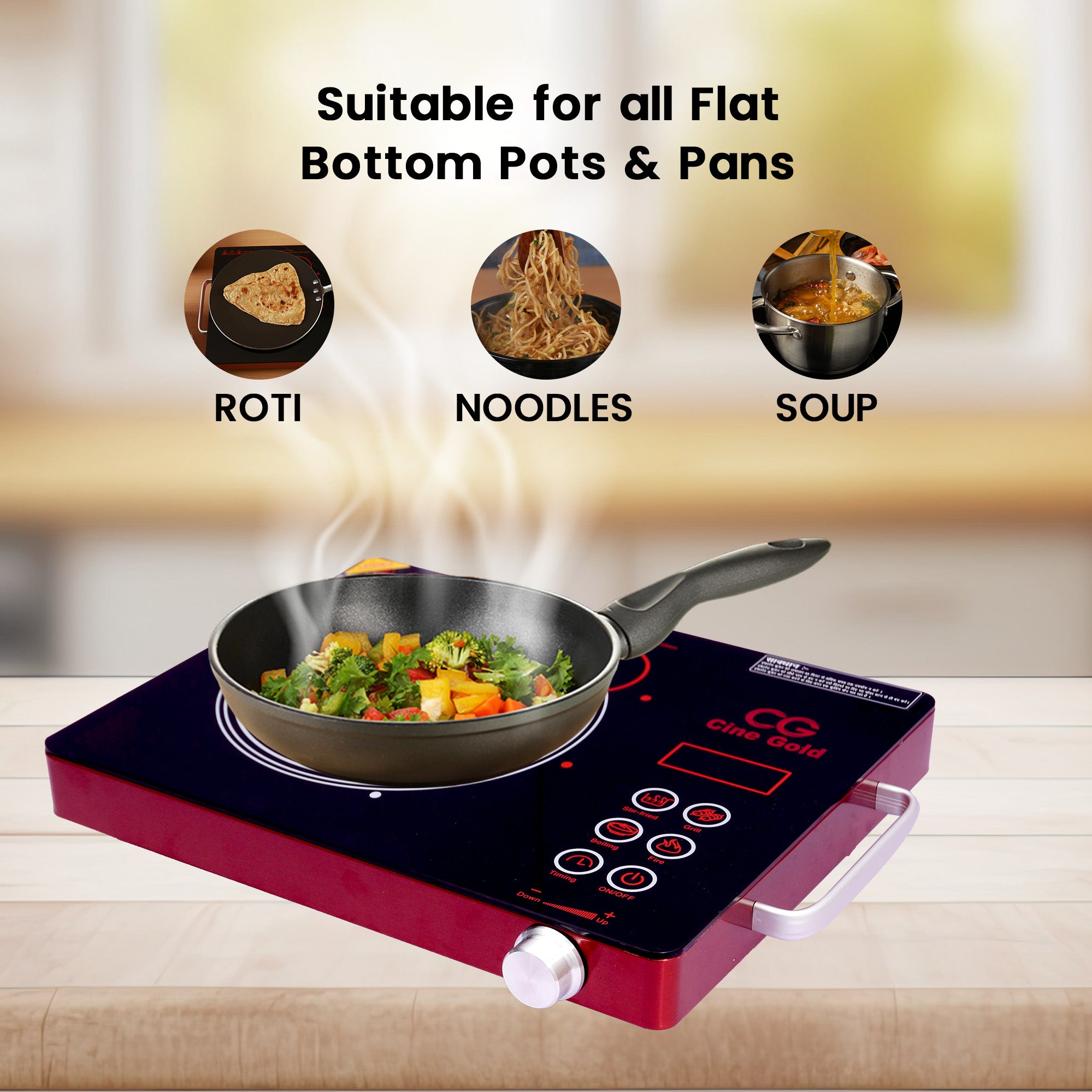 Cine Gold 2200W Multifunction Infra Cooktop: Modern Cooking Convenience with Toughened Glass Touch Panel Display - Compatible with All Utensils, 1-Year Warranty Included (Red)