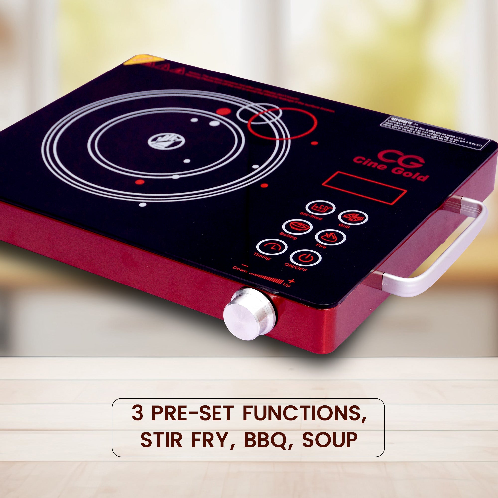 Cine Gold 2200W Multifunction Infra Cooktop: Modern Cooking Convenience with Toughened Glass Touch Panel Display - Compatible with All Utensils, 1-Year Warranty Included (Red)