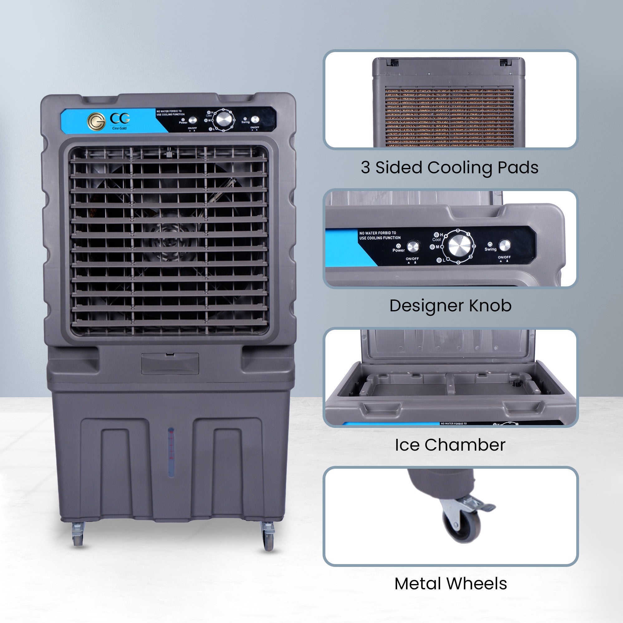 Cine Gold Magic Cool 150 LTR Heavy Duty Desert Air Cooler For Home/Office With Honeycomb Cooling & Auto Swing Technology, Powerful Air Throw & 3-Speed Control With Ice Chamber Dark Grey